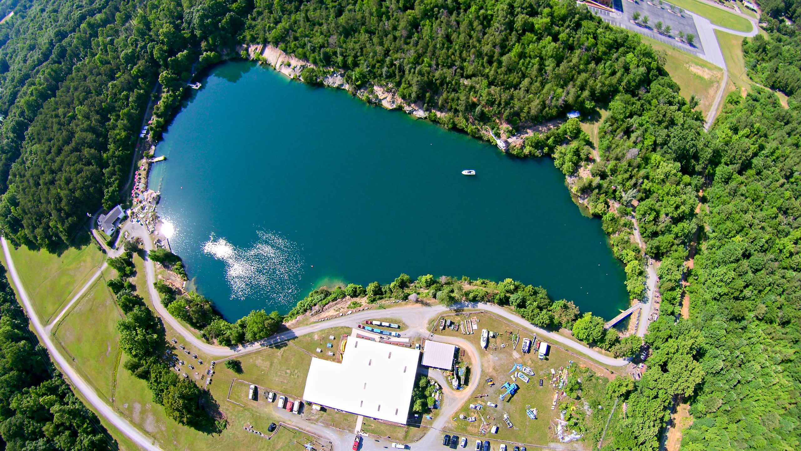 aerial over blue stone quarry in north carolina SCUBA diving in quarries