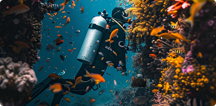 Scuba diver at coral reef